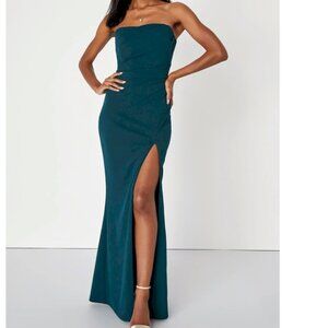 Lulus Marvelous Entrance Emerald Green Wrap Pleated Strapless Maxi Dress…